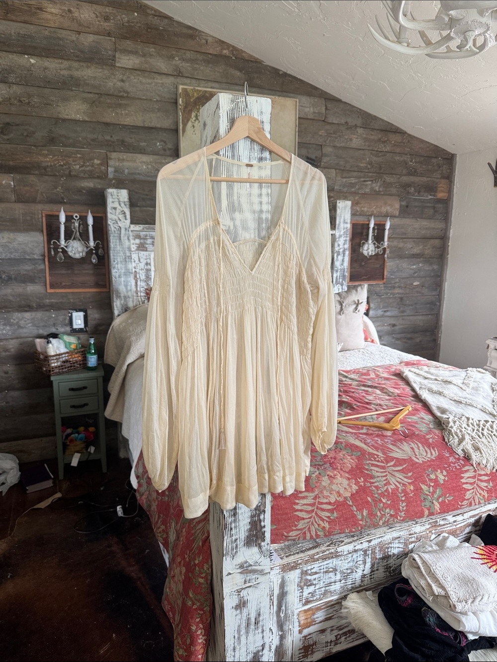 Free People Cream Gauzy Long Sleeve Peasant Top